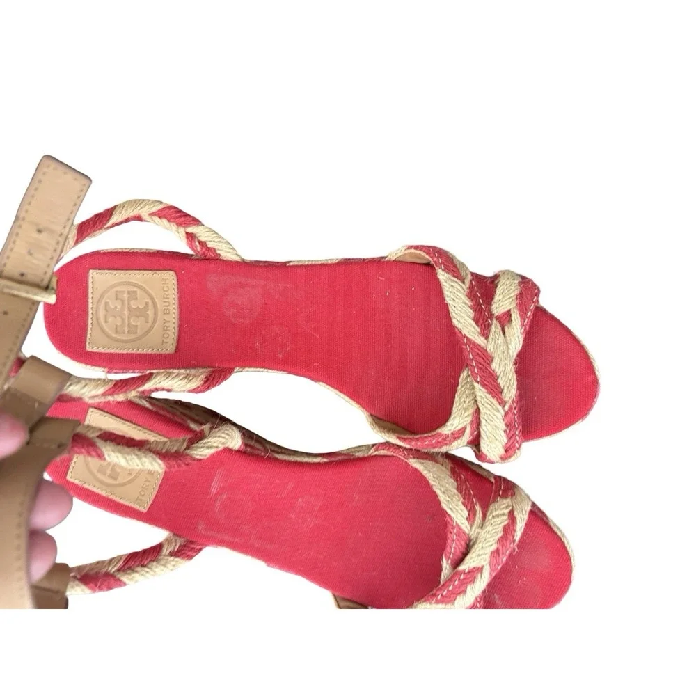 Tory Burch Camelia Jute Espadrille Wedge Sandals Size 11 red tan